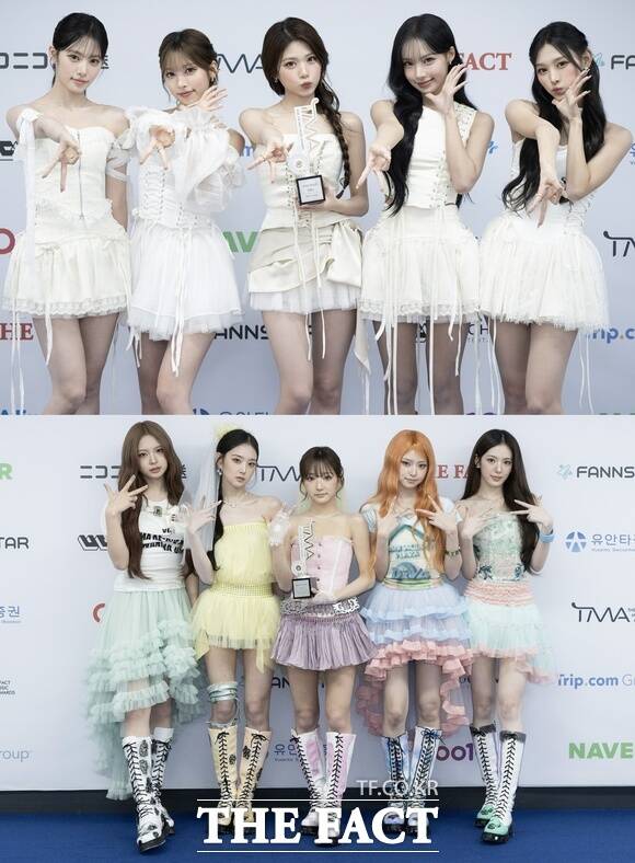 리센느(위 왼쪽부터 리브 메이 제나 원이 미나미)와 키키(아래 왼쪽부터 키야 이솔 지유 하음 수이)가 추석 연휴에 듣기 좋은 곡을 추천하고 그 이유를 설명했다. 사진은 지난 19일 열린 '2026 더팩트 뮤직 어워즈'에서 수상 후 인터뷰를 진행하는 모습. /박상민 기자