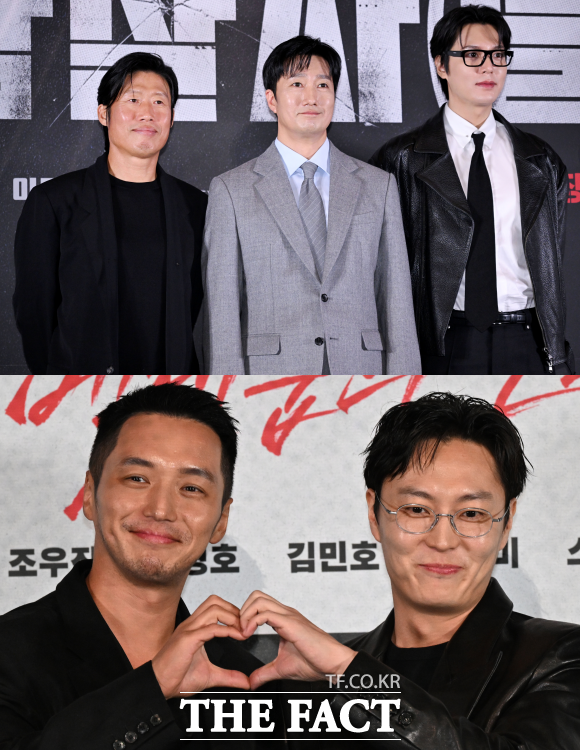 '암살자(들)'의 유해진 박해일 이민호와 '타짜4'의 노재원 변요한(왼쪽 위부터 시계방향)은 <더팩트>에 극장으로 향하는 길에 들으면 좋을 노래와 함께 작품의 관전 포인트를 짚으며 많은 관람을 독려했다. /더팩트 DB