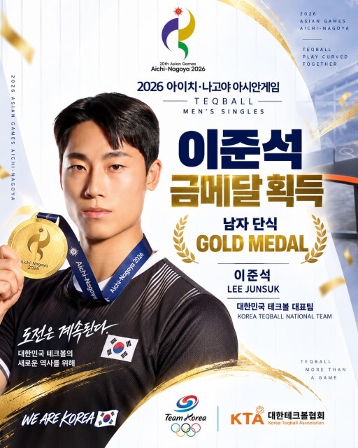 대한테크볼협회가 홈페이지 올린 이준석 금메달 획득 포스터. 감동의 금메달이지만 아직 현실은 본질적으로 달라지지 않았다. / 대한테크볼협회