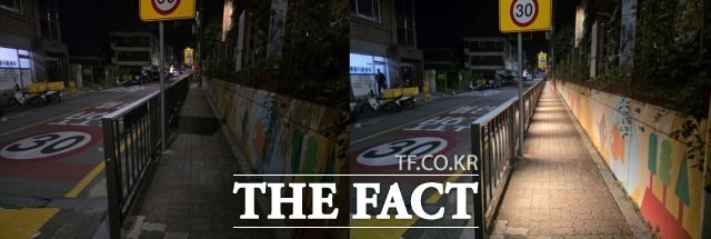 대야초등학교 일원 어린이보호구역 내 LED 라인 조명 설치 전후 모습. /시흥시