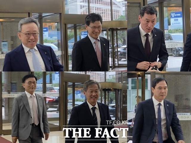 (왼쪽부터 차례대로) 정상혁 신한은행장, 강태영 농협은행장, 장민영 기업은행장, 박상진 산업은행장, 최우형 케이뱅크 행장, 신학기 수협은행장. /중구=이선영 기자