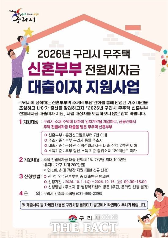 경기 구리시가 지역 내 무주택 신혼부부의 주거비 부담을 감소와 출산율 제고 등을 위해 시행하는 '2026년 제4차 무주택 신혼부부 전월세 자금 대출이자 지원사업'의 안내 포스터. /구리시