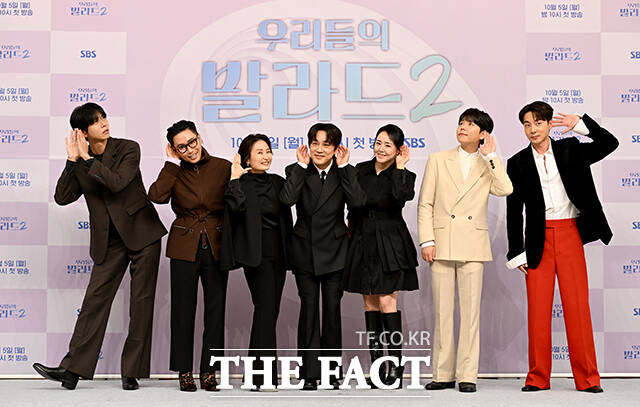 방송인 주우재, 가수 정재형, 방송인 박경림, 배우 차태현, 배우 문근영, 가수 정승환, 로이킴(왼쪽부터)이 30일 오전 서울 양천구 SBS에서 열린 SBS 오디션 프로그램 '우리들의 발라드2' 제작발표회에 참석해 포즈를 취하고 있다. /박상민 기자
