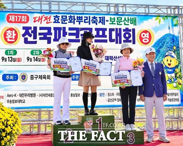제17회 효문화뿌리축제 기념 제1회 보문산배 전국파크골프대회가 4일 대전시 중구 버드내태평파크골프장에서 본선 경기와 시상식을 가졌다. 여자부에서는 김미영(대전 서구) 선수가 56타로 초대 챔피언에 올랐다. 제1회 보문산배 전국파크골프대회 여자부 입상자들 시상식 모습. /제1회 보문산배 전국파크골프대회 조직위원회