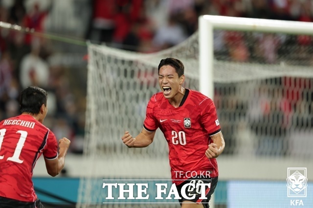 후반 15분 헤더 추가골을 터뜨리고 환호하는 오세훈./용인=KFA