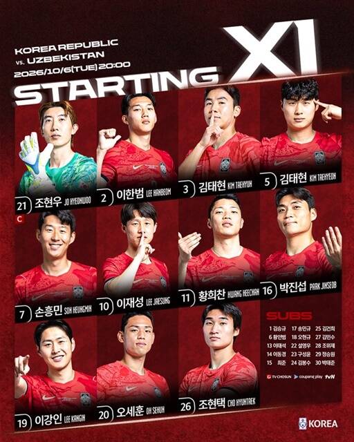 6일 우즈베키스탄전에 선발로 나선 모레노호의 스타팅11./KFA