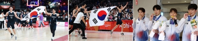 2026 아시안게임에서 한국농구가 딴 금메달 3개. 왼쪽과 가운데는 남자농구와 여자농구 대표팀 선수들이 우승을 확정지은 후 코트 위에 태극기를 날리며 기뻐하는 모습. 오른쪽은 귀국 후 포즈를 취한 남자 3x3 농구 대표팀 선수들. / 뉴시스