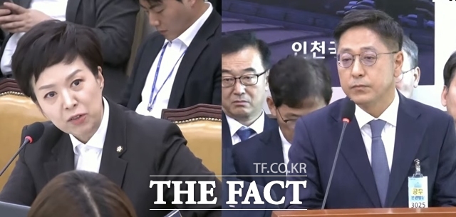 8일 국회 국토교통위원회 국정감사에서 김은혜 국민의힘 의원(왼쪽)이 조인철 BYD코리아 승용부문 대표에게 개인정보 국외 이전 문제를 질의하고 있다. /국회방송 캡처