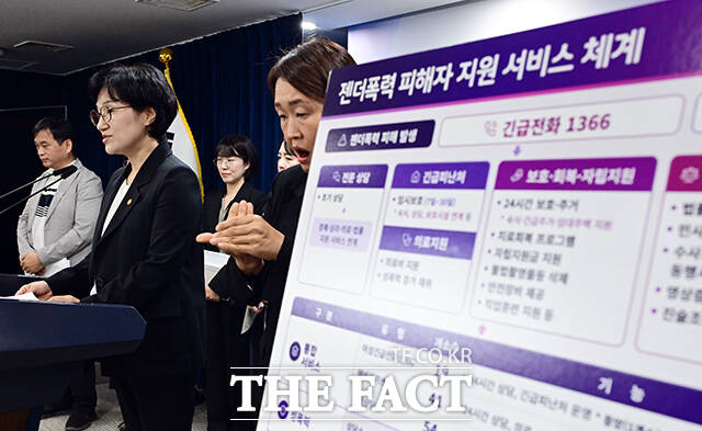 원민경 성평등가족부 장관이 8일 오전 서울 종로구 정부서울청사에서 형사소송법 시행 관련 젠더폭력 피해자 권리보호 및 지원 방안에 대해 브리핑하고 있다. /임영무 기자