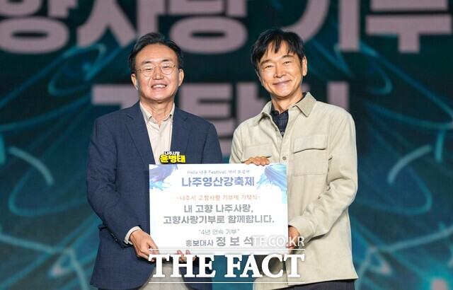 정보석 배우(오른쪽)가 8일 윤병태 나주시장에게 고향사랑기부금을 전달하고 있다. /나주시