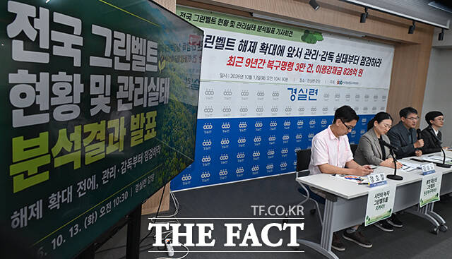 13일 오전 서울 종로구 경제정의실천시민연합(경실련)에서 열린 '그린벨트 현황 및 관리실태 분석발표' 기자회견에서 정호철 경제정책팀 부장이 발언하고 있다. 왼쪽부터 정 부장, 김성달 사무총장, 김정곤 도시개혁센터 운영위원장, 윤은주 도시개혁센터 부장. /남윤호 기자