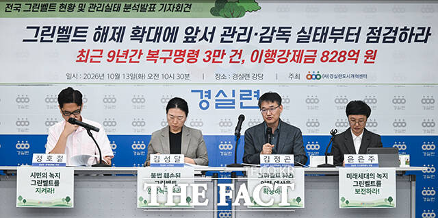 13일 오전 서울 종로구 경제정의실천시민연합(경실련)에서 열린 '그린벨트 현황 및 관리실태 분석발표' 기자회견에서 정호철 경제정책팀 부장이 발언하고 있다. 왼쪽부터 정 부장, 김성달 사무총장, 김정곤 도시개혁센터 운영위원장, 윤은주 도시개혁센터 부장. /남윤호 기자