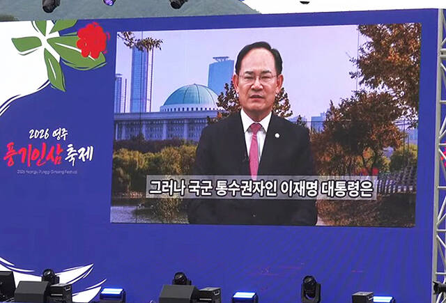 지난 3일 열린 영주시 풍기인삼축제 개막식 영상 축사하는 임종득 의원. /민주당 경북도당
