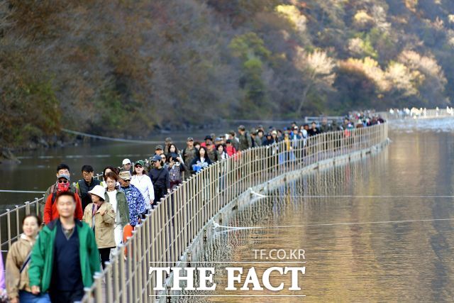 14일 화천군은 북한강 산소길 구간에 설치된 화천읍 대이리 숲으로 다리를 비롯해 하남면 거례리와 원천리를 잇는 반지교, 화천읍 하리와 화천생활체육공원을 연결하는 제3터널 앞 부교를 연중 운영한다고 밝혔다. /화천군