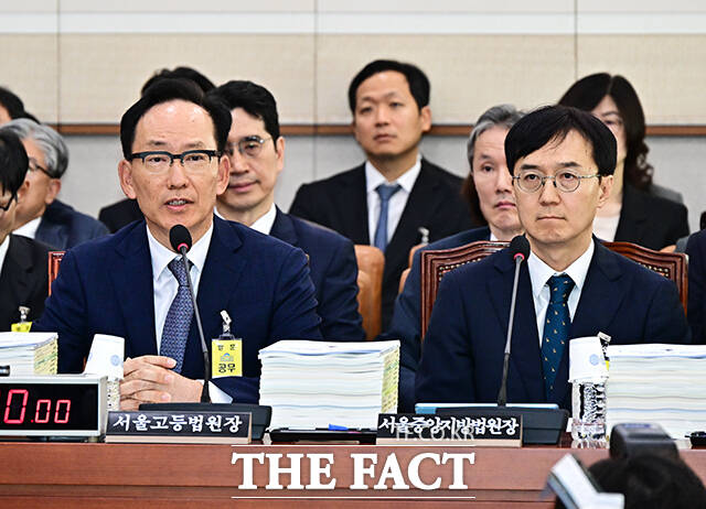 김대웅 서울고등법원장이 16일 오전 서울 여의도 국회 법제사법위원회에서 열린 서울고등법원, 수원고등법원, 서울중앙지방법원 등에 대한 국정감사에 출석해 질의에 답변을 하고 있다. /국회=배정한 기자