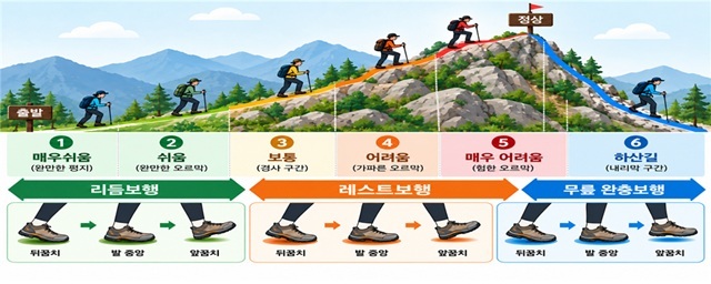 하산할 때는 피로가 누적돼 미끄러짐이나 발을 헛디디는 사고가 발생하기 쉬워 더욱 주의해야 한다. 사진은 경사별 보행법/기후에너지환경부
