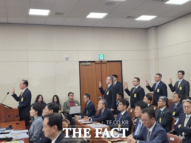 이환주 KB국민은행장, 정상혁 신한은행장, 이호성 하나은행장, 정진완 우리은행장, 강태영 NH농협은행장은 19일 오후 국회 정무위원회의 금융감독원 국정감사에 일반 증인으로 출석했다. /국회=이선영 기자