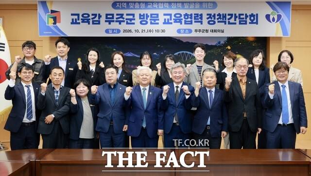 21일 천호성 전북도교육감이 무주군을 찾아 지역 맞춤형 교육협력 정책 발굴을 위한 정책간담회를 연 가운데 황인홍 무주군수 등 참석자들과 기념 촬영을 하고 있다. /전북도교육청
