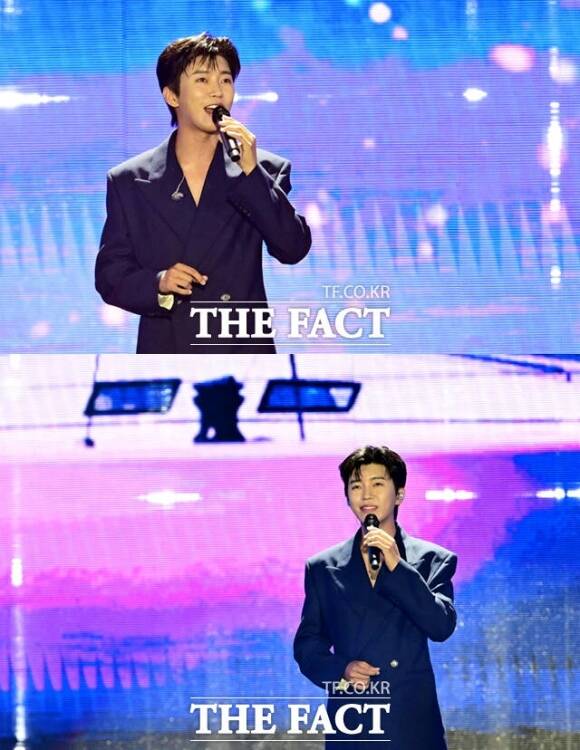 임영웅이 3년 만에 찾은 '더팩트 뮤직 어워즈' 무대에 올라 진심을 담아 열창하며 팬들을 바라보고 있다. /배정한 기자, 이새롬 기자