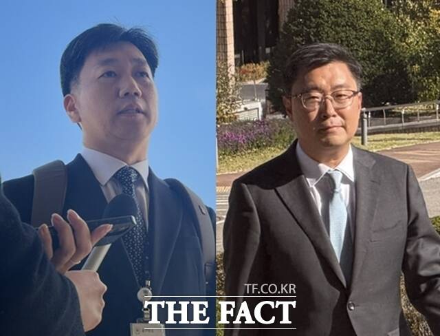 김현우 창원공소청 부장검사(왼쪽)와 서현욱 부산광역공소청 부장검사(오른쪽)가 21일 오후 경기 과천시 법무부 청사에서 열린 징계위원회에 출석했다. /김해인 기자