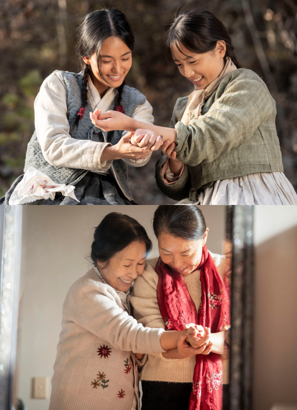 김혜자(아래쪽 사진의 왼쪽)는 60년 만에 단짝 친구를 다시 만나 찬란한 시간을 보내는 순옥 역을 맡았다. /페이지원필름