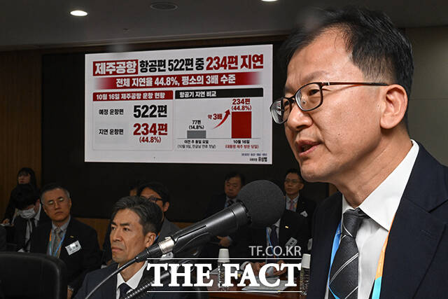 유상범 국민의힘 의원의 '제주공항 지연사태' 관련한 질의를 하고 있다. /인천=남윤호 기자
