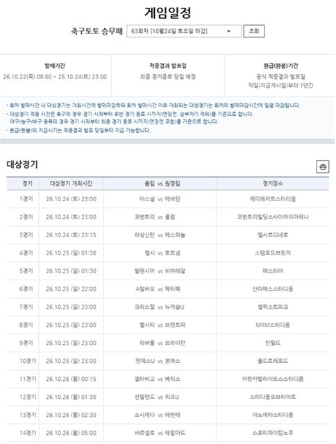 축구토토 승무패 63회차 대상경기 정보.