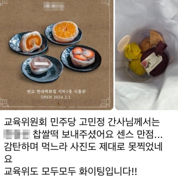 고민정 민주당 의원이 국정감사 기간 국회 교육위원회 직원들에게 유명 디저트 브랜드 찹쌀떡을 선물했다. 사진은 국회 직원이 텔레그램 방에 올린 간식 사진과 감사 글. /텔레그램 '제보핑'방 갈무리