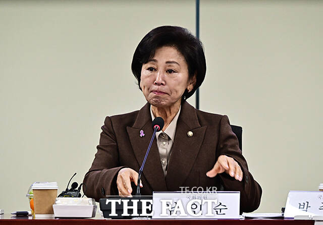 남인순 국회부의장이 23일 오전 서울 여의도 국회 의원회관 제3간담회실에서 열린 더불어민주당 이태원참사특위 전체회의에 참석해 모두발언을 하며 눈물을 흘리고 있다. /국회=배정한 기자
