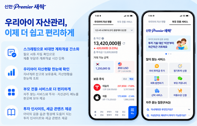 신한투자증권은 미성년 자녀의 비대면 계좌개설 절차를 간소화하고 부모 계정에서 자녀의 잔고와 투자 현황을 확인할 수 있는 '우리아이 자산관리' 서비스를 선보였다. /신한투자증권