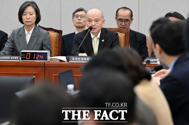안창호 위원장은 29일 오전 국회 운영위원회에서 열린 인권위 국정감사에서 윤 전 대통령 방어권 보장 권고에 대한 대국민 사과 의결과 관련해 위원장 의견과 다수 위원들 의견은 다를 수 있다고 말했다. /남용희 기자