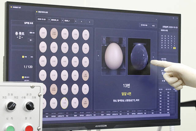 AI기반 계란 품질평가 장비에 계란별 분석 결과와 결함의 위치·유형이 표시돼 있다./축산물품질평가원