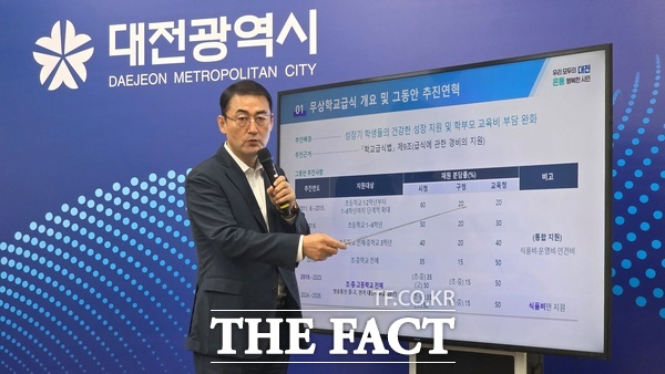 남시덕 대전시 의료건강국장이 29일 브리핑을 열고 대전시 무상학교급식비 식품비 인상안에 대해 설명하고 있다. /정예준 기자