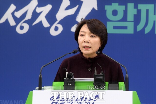 윤난실 전남광주시 시민주권부시장이 29일 광주청사 브리핑실에서 GGM 경과 및 향후 계획 관련 브리핑을 하고 있다. /전남광주시