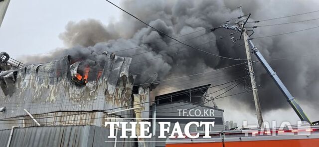지난 25일 오전 9시34분쯤 전남광주시 광산구 지죽동 한 폐기물 처리업체에서 불이 나 소방당국이 진화 작업 중이다. /뉴시스
