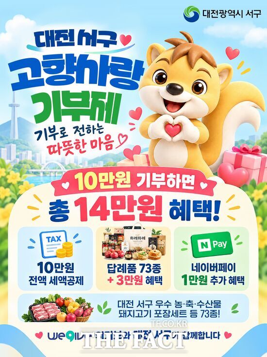 대전시 서구는 연말 고향사랑기부제 기부 참여 확대를 위해 답례품 증량 이벤트 및 민간 플랫폼 연계 혜택을 시행한다. 대전 서구 고향사랑기부제 포스터. /대전시 서구