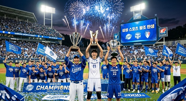 2000년대 삼성은 라이온즈(야구), 삼성화재 블루팡스(배구), 수원 삼성(축구) 등이 왕조를 구축했다. 농구도 프로농구 이전 농구대잔치 시절부터 명가로 군림했다. 이미지는 리그를 지배했던 야구, 배구, 축구의 이미지를 생성형AI로 만든 것이다. / 제미나이
