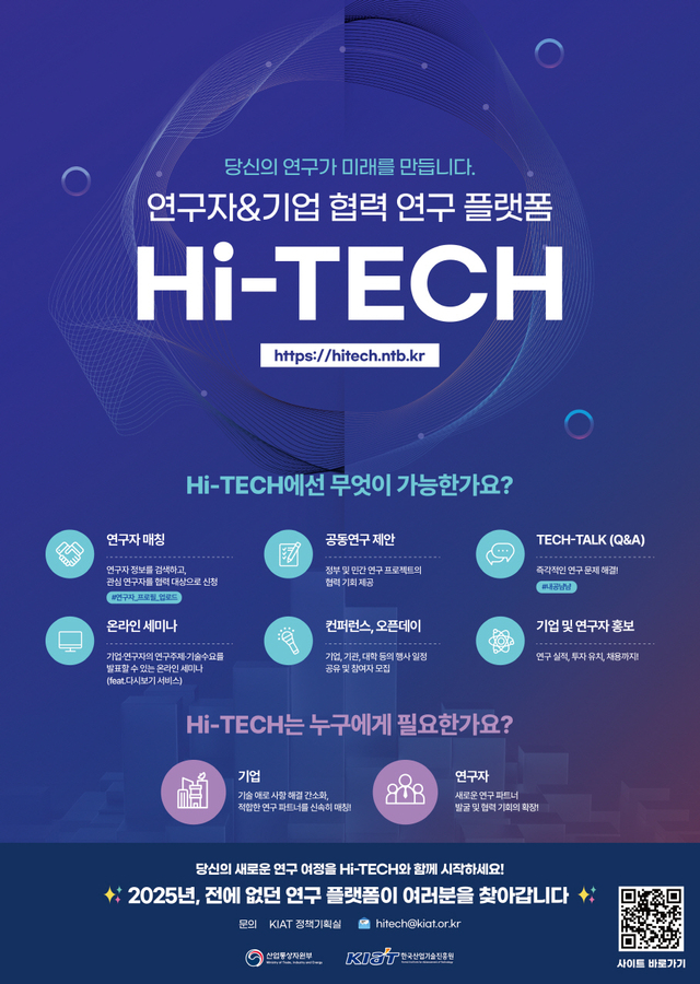 한국산업기술진흥원(KIAT)은 13일 연구자와 기업을 연결하는 온라인 하이테크 서비스를 개시해 공동연구 활성화를 도모한다고 밝혔다. 사진은 하이테크 서비스 홍보 포스터. / KIAT