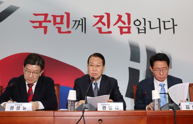 권영세(가운데) 국민의힘 비상대책위원장이 13일 오전 서울 여의도 국회에서 열린 비상대책위원회의에서 발언하고 있다. 왼쪽부터 권성동 원내대표, 권 비대위원장, 김상훈 정책위의장. /뉴시스