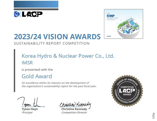 한국수력원자력은 24일 세계적인 마케팅 전문기관 LACP이 주관하는 2023·2024 LACP 비전 어워드에서 금상을 수상했다고 밝혔다. / 한수원