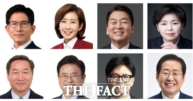 국민의힘의 제21대 대통령선거 선출을 위한 경선에 참가하는 주요 후보들. 윗줄 왼쪽부터 시계방향으로 김문수 전 고용노동부 장관, 나경원 의원, 안철수 의원, 양향자 전 의원,홍준표 전 대구시장,한동훈 전 대표, 이철우 경북도지사, 유정복 인천시장. /국민의힘 제공