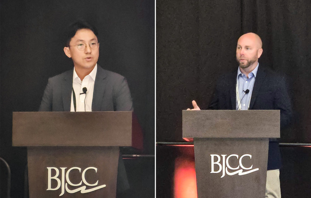 지난 20일(현지시간) 미국 앨라배마주(州) 버밍햄에서 열린 ‘7F 유저그룹 컨퍼런스’에서 이화섭 한국남부발전 부산빛드림본부 차장(왼쪽)과 스콧 켈러 DTS 엔지니어링 디렉터가 ‘Non-OEM 성능개선 성공 사례’를 주제로 발표하고 있다. / 남부발전