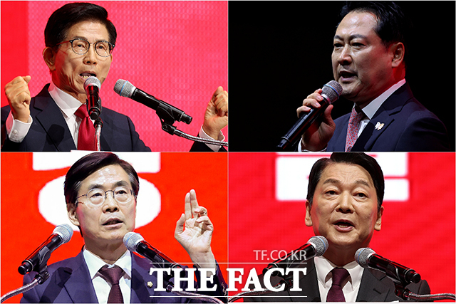 김문수, 장동혁, 안철수, 조경태 국민의힘 당대표 후보(왼쪽 위부터 시계방향으로)가 8일 대구 북구 엑스코에서 열린 국민의힘 제6차 전당대회 대구·경북 합동연설회에 참석해 정견발표를 하고 있다. /대구=뉴시스