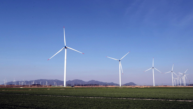 산업통상자원부는 28일 샘 키민스 글로벌 RE100 운영당국(The Climate Group) 이사와 브루스 더글라스 GRA(Global Renewables Alliance) 대표와 서울에서 면담을 갖고 재생에너지 보급확대 및 에너지전환 방안을 논의했다. 사진은 전남 영광군 염산면 일원에 준공된 영광풍력발전단지. / 뉴시스