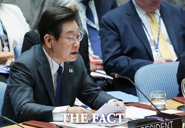 이재명 대통령이 24일(현지시간) 미국 뉴욕 유엔본부에서 주재한 안전보장이사회 공개토의에서 국별 발언을 하고 있다. /뉴시스