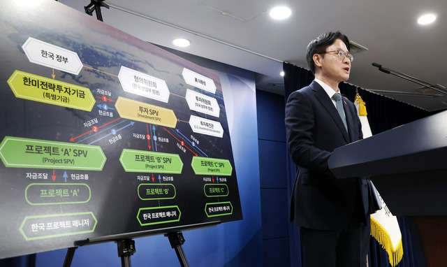 김정관 산업통상부 장관이 14일 오후 서울 종로구 정부서울청사에서 미국과 전략적 투자 MOU를 통해 우리나라가 확보한 관세인하 내용을 설명하고 있다. / 뉴시스