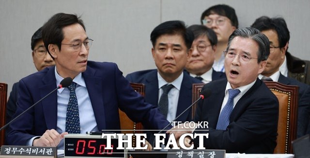 김용범 대통령비서실 정책실장이 18일 국회에서 열린 운영위원회 전체회의에서 김은혜 국민의힘 의원의 전세 관련 질의를 듣던 중 가족이 언급되자 격노하는 모습. /뉴시스