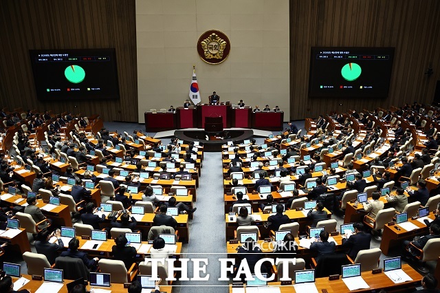 2일 오후 서울 여의도 국회에서 열린 본회의에서 2026년도 예산안이 통과되고 있다. /뉴시스
