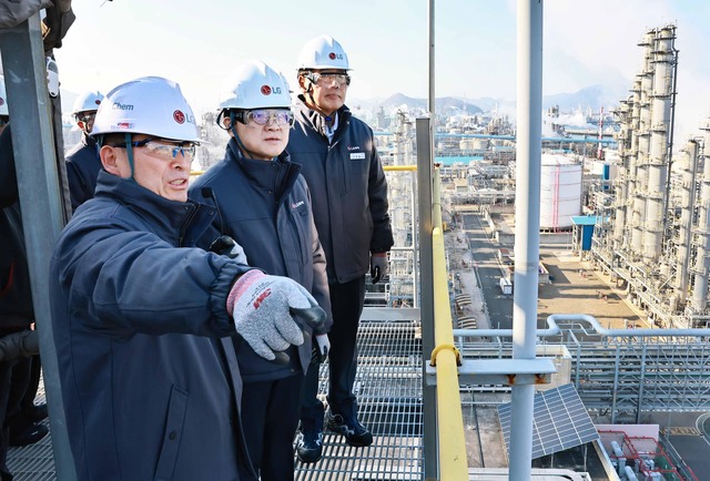 5일 더팩트가 한국전력의 전력통계월보를 분석한 결과 지난해 8~10월 산업용 전기 판매량은 2만4311GWh에서 2만2157GWh로 약 8.9% 감소했다. 사진은 지난해 11월 26일 전남 여수시 여수산업단지 LG화학 산업현장을 방문한 김정관 산업통상부 장관(가운데). / 산업부