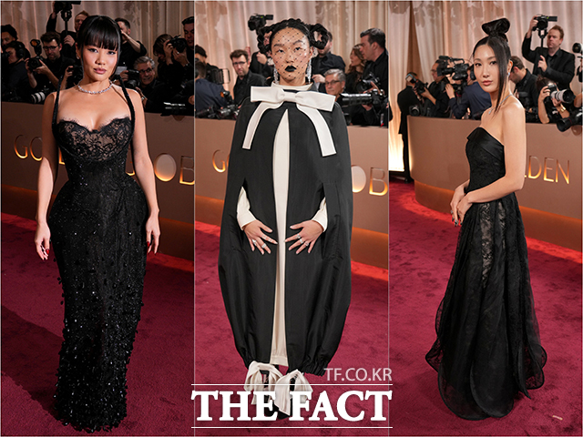 애니메이션 영화 '케이팝 데몬 헌터스'의 레이 아미, 오드리 누나, 이재가 11일(현지 시간) 미 캘리포니아주 베벌리힐스의 베벌리 힐튼에서 열리는 제83회 골든글로브 시상식에 도착해 포토타임을 갖고 있다. /베벌리힐스=AP.뉴시스